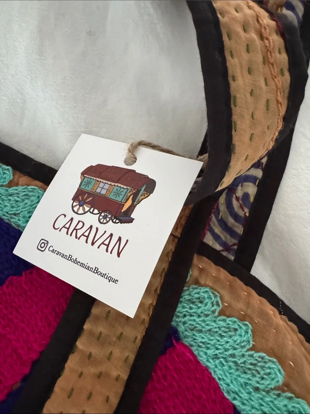 Caravan Bohemian Boutique Boho Floral Embroidered Tote Bag in Brown and Teal